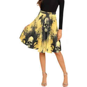 Gothic Skulls And Faded Yellow Pleated Midi Skirt
