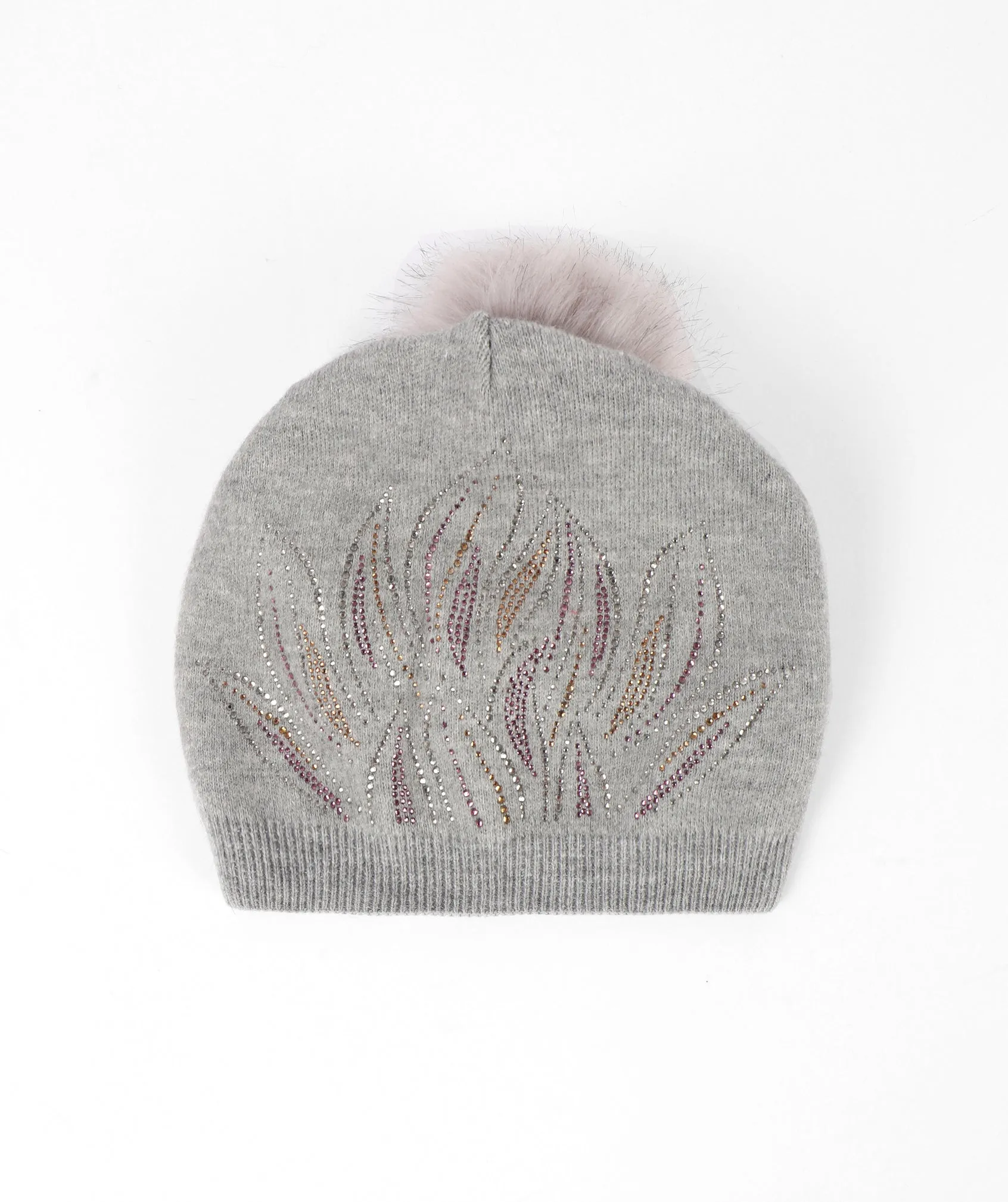 Gray Jewelled Pom Pom Beanie