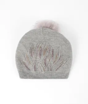 Gray Jewelled Pom Pom Beanie