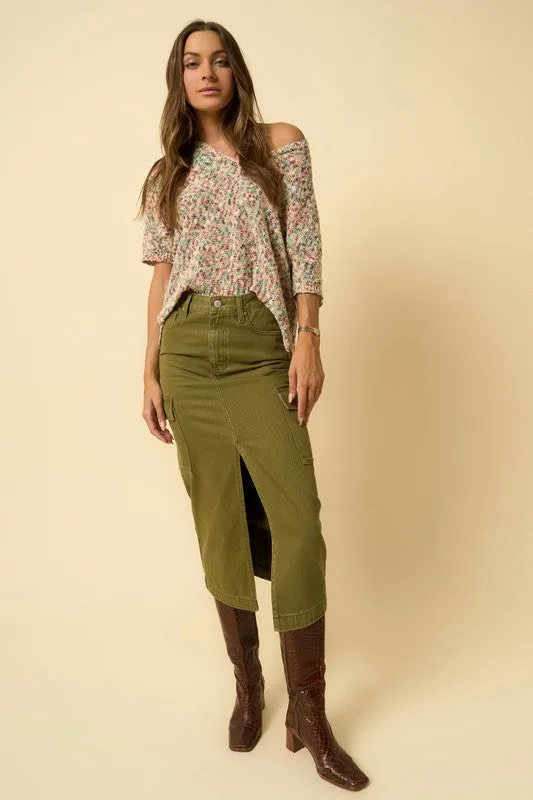 Hot Girl Denim Lab Cargo Midi Skirt In Olive