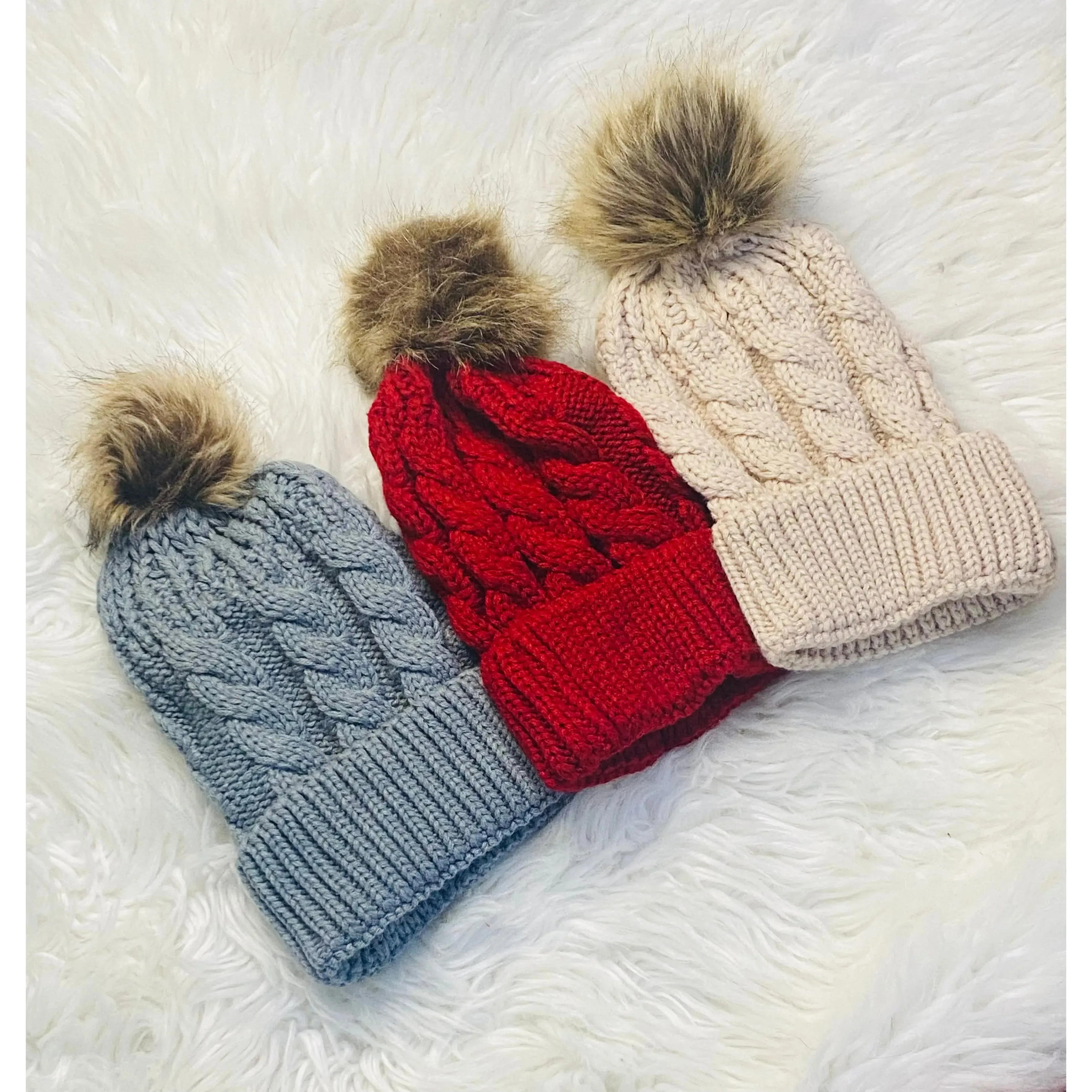 Oversize Knit Beanie with Fur Pom Pom