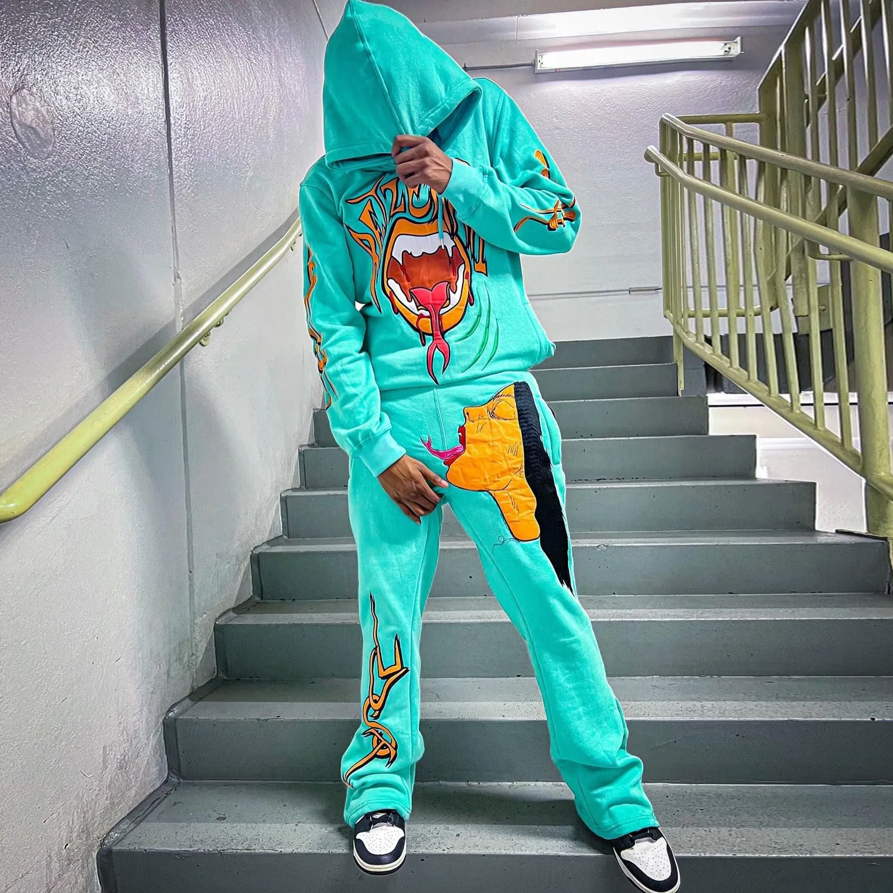 Personalized Fashion Street Style Printed Long Sleeve Hoodie Pants Two Piece Set