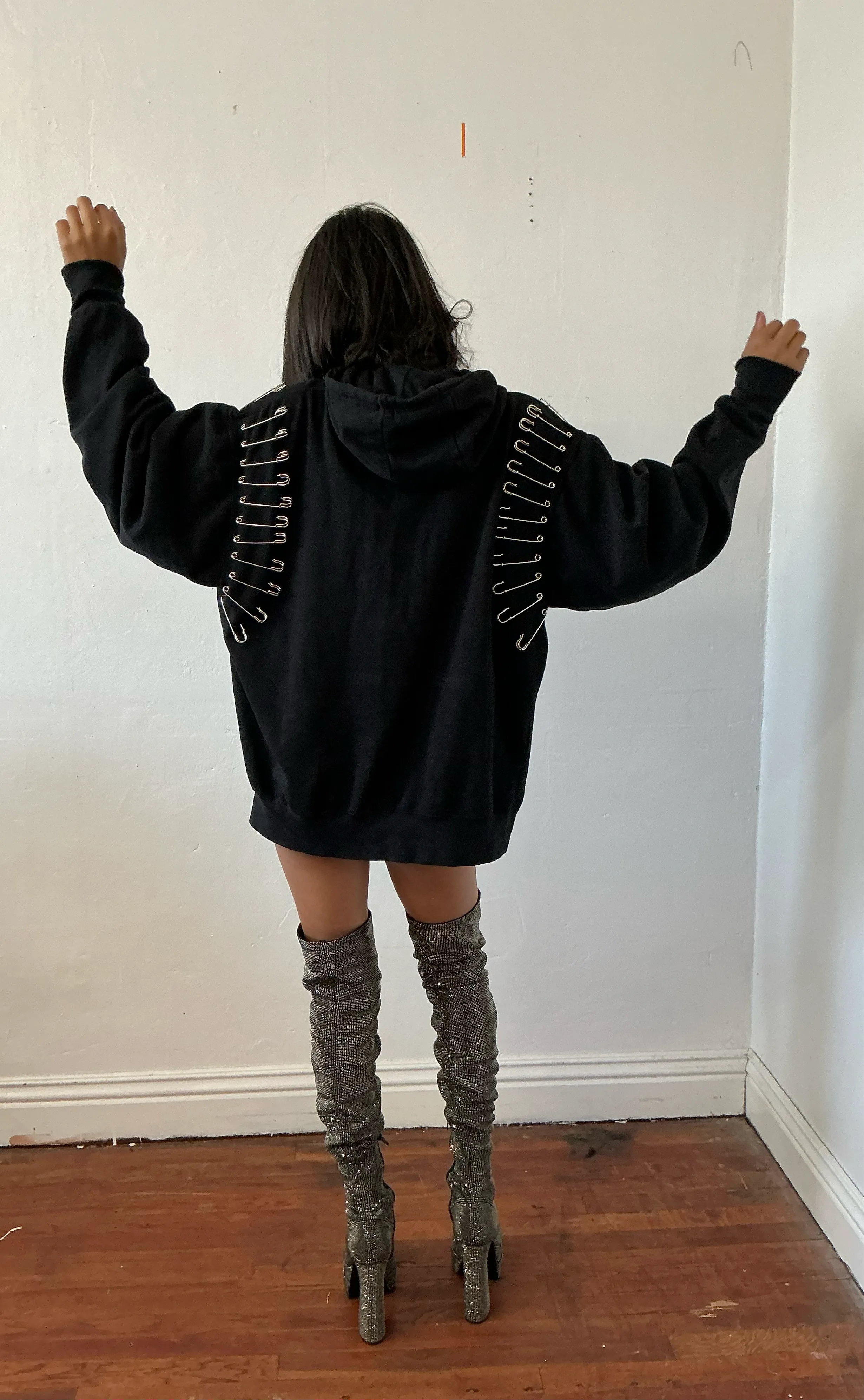 Ragtofab -Reworked Hoodie - Rhinestone flame - pins
