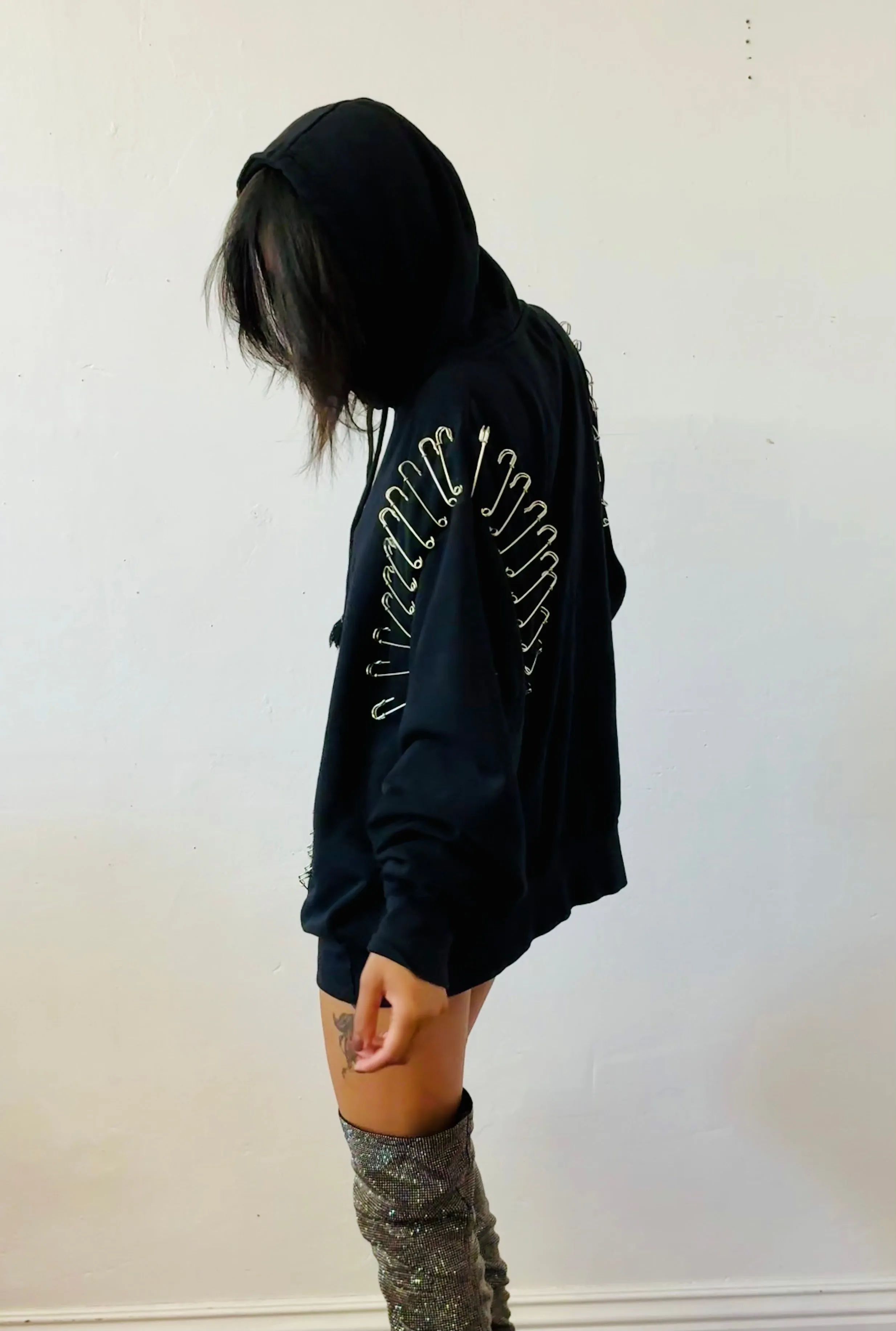Ragtofab -Reworked Hoodie - Rhinestone flame - pins
