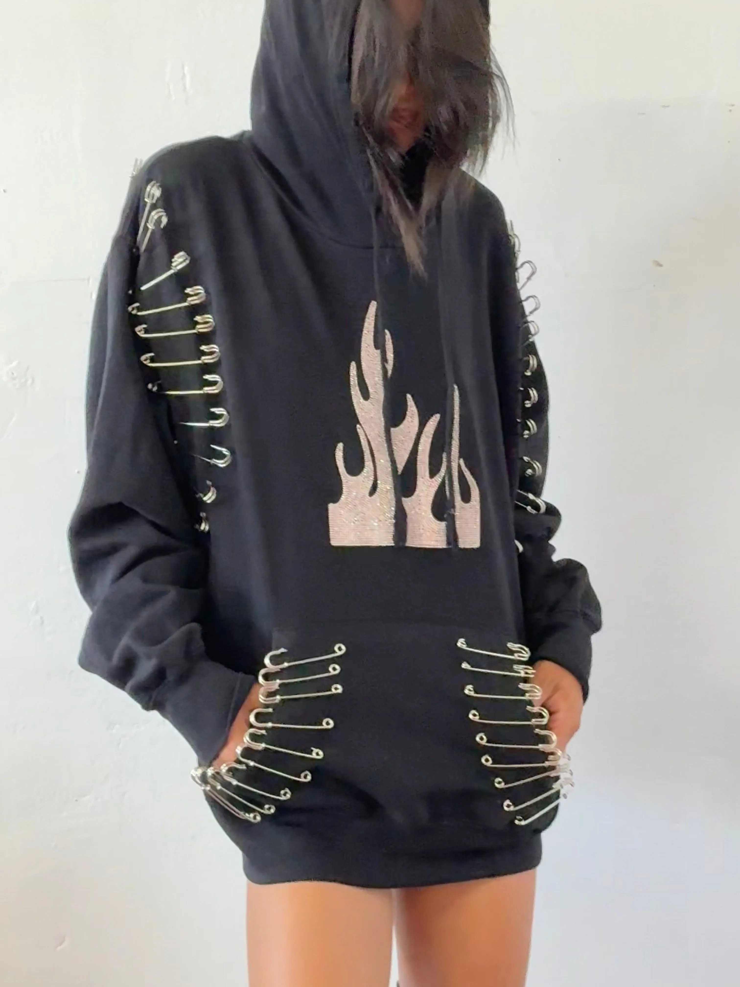Ragtofab -Reworked Hoodie - Rhinestone flame - pins