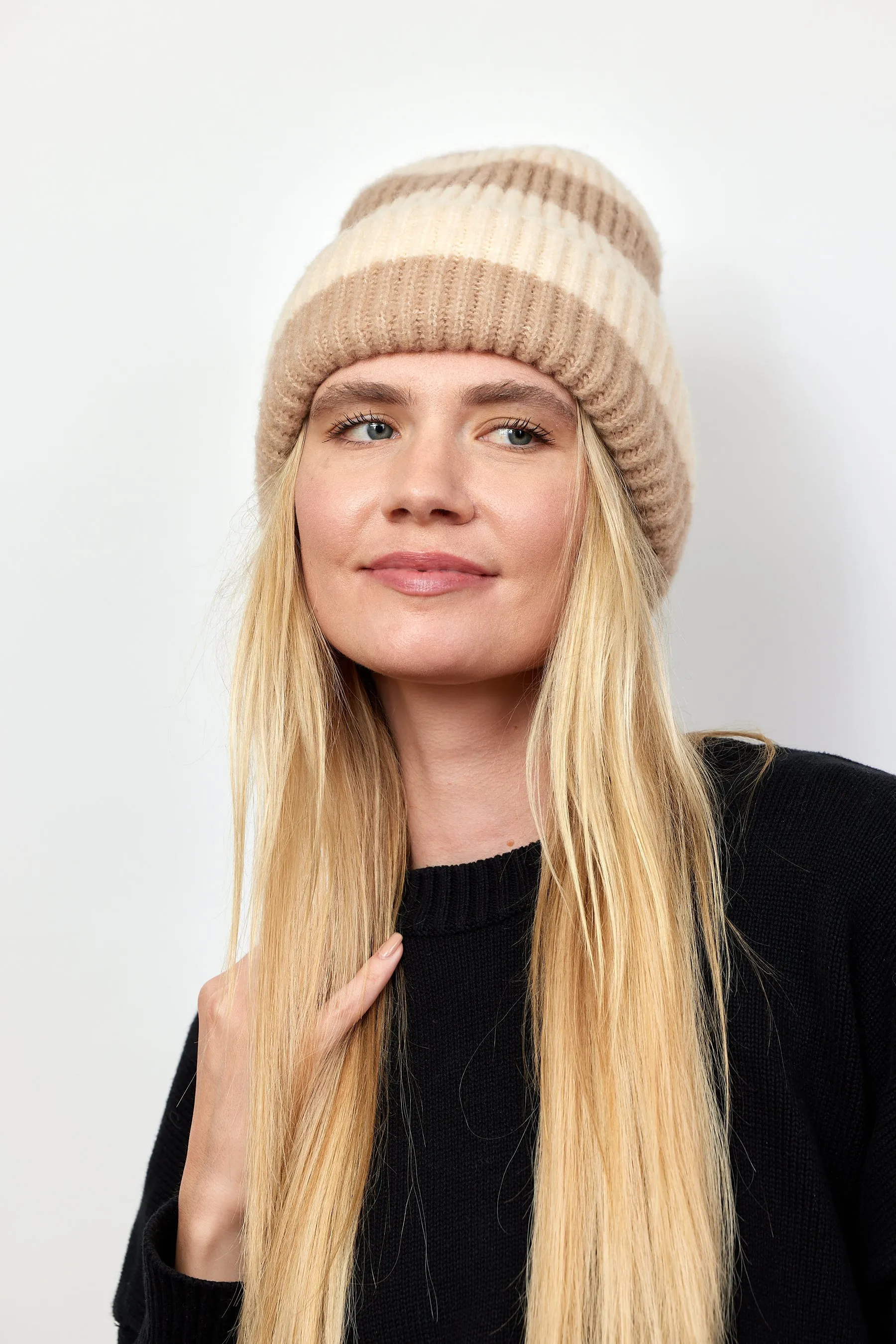 Stripe Beanie- Taupe/Ivory
