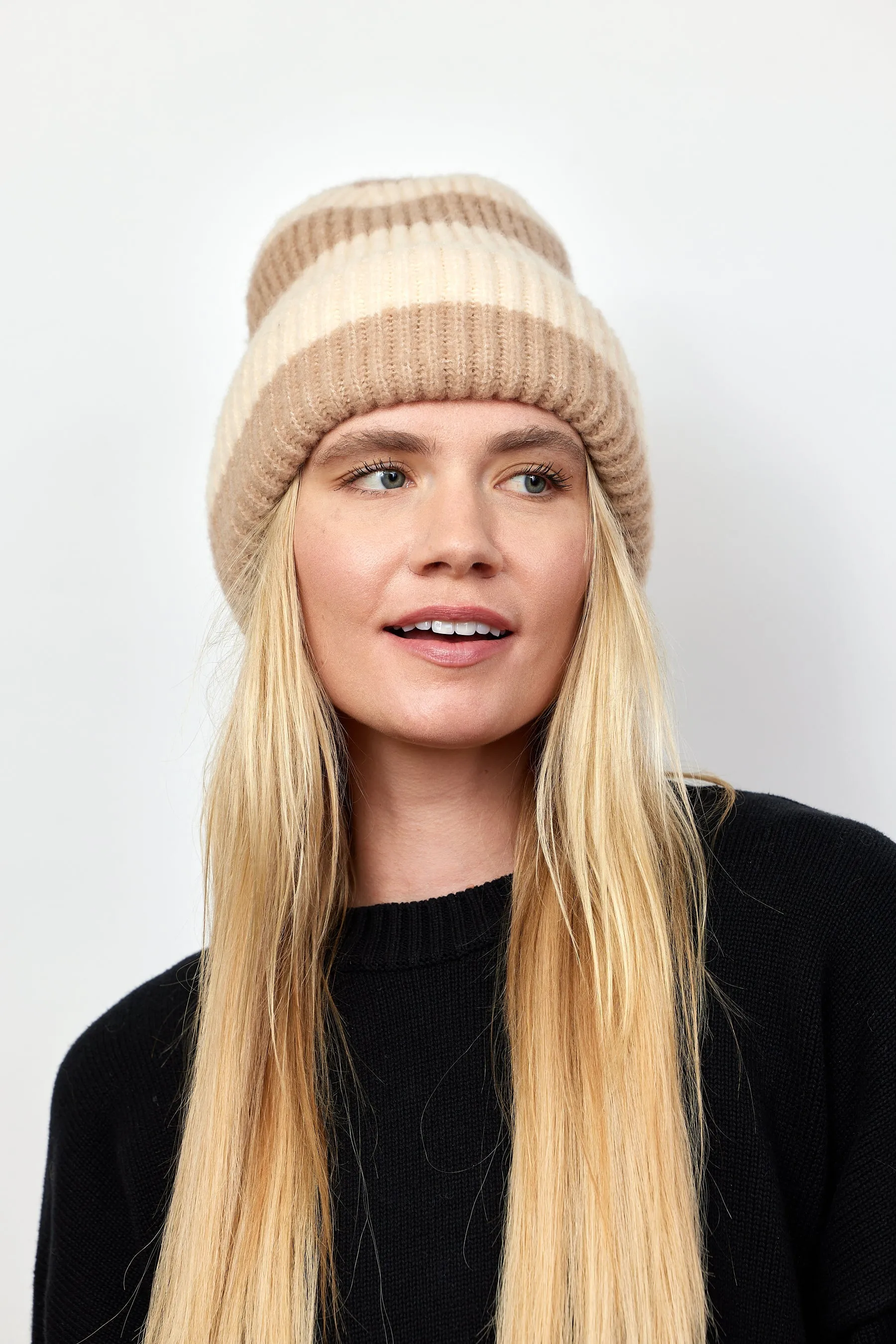 Stripe Beanie- Taupe/Ivory