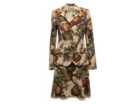 Vintage Tan & Multicolor Miguel Adrovar Fall/Winter 2002 Wool Floral Skirt Suit Size US S